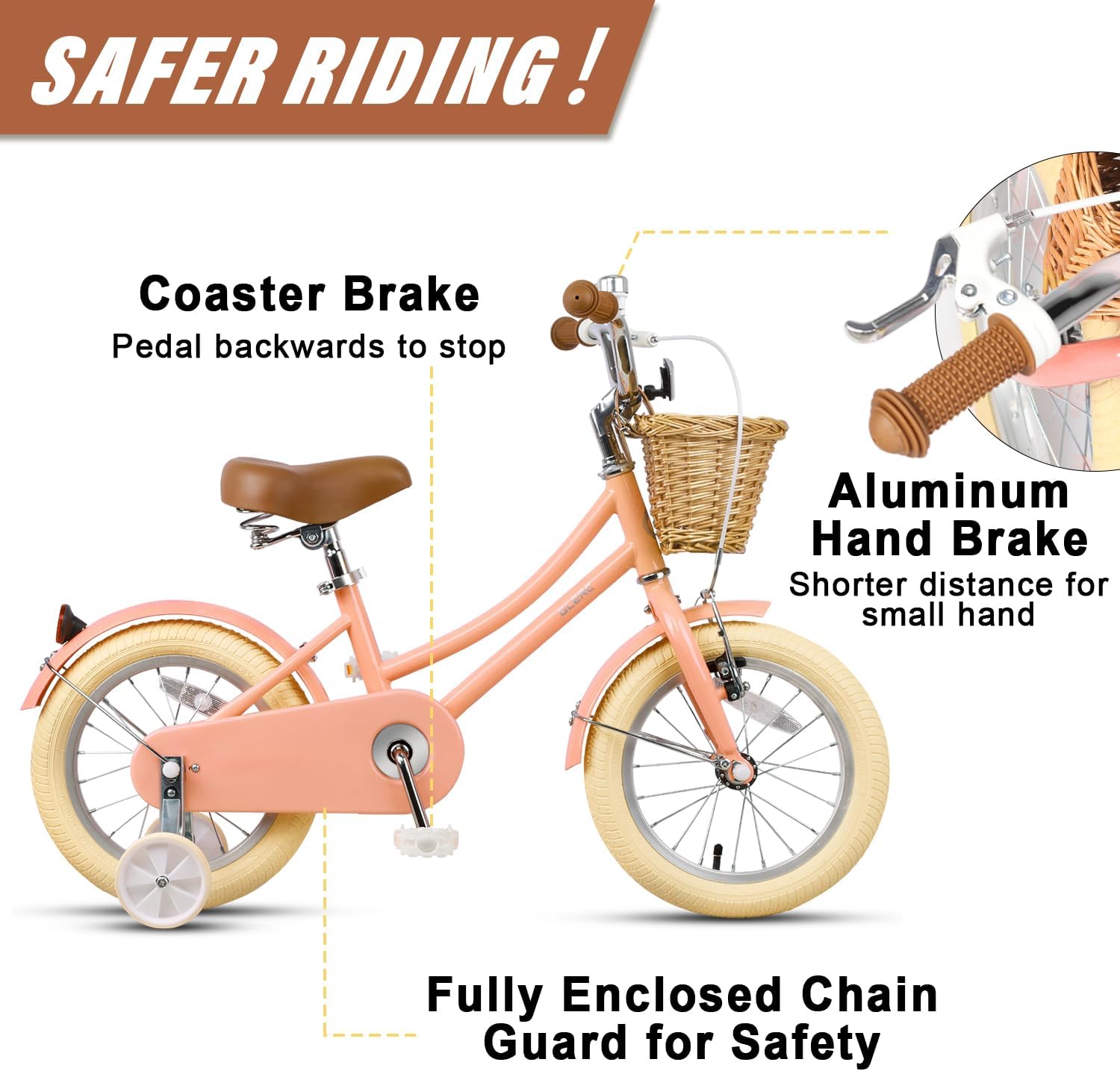 Glerc Little Molly 12-20 Inch Kids Retro Cruiser Bike for 2-13 Year Old with Wicker Basket & Training Wheels/Kickstand, Multiple Colors