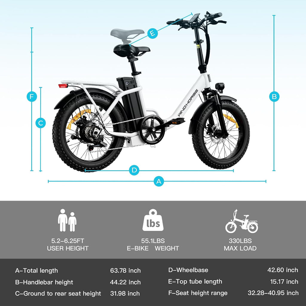 WINDHORSE 20' Folding Electric Bike, 983W Peak Motor, 20MPH, 40–70 Miles, 48V 748.8Wh Removable UL Battery, Front Suspension, Fat Tire E-Bike for Commuting, Beach, All -Terrain | Adults & Teens