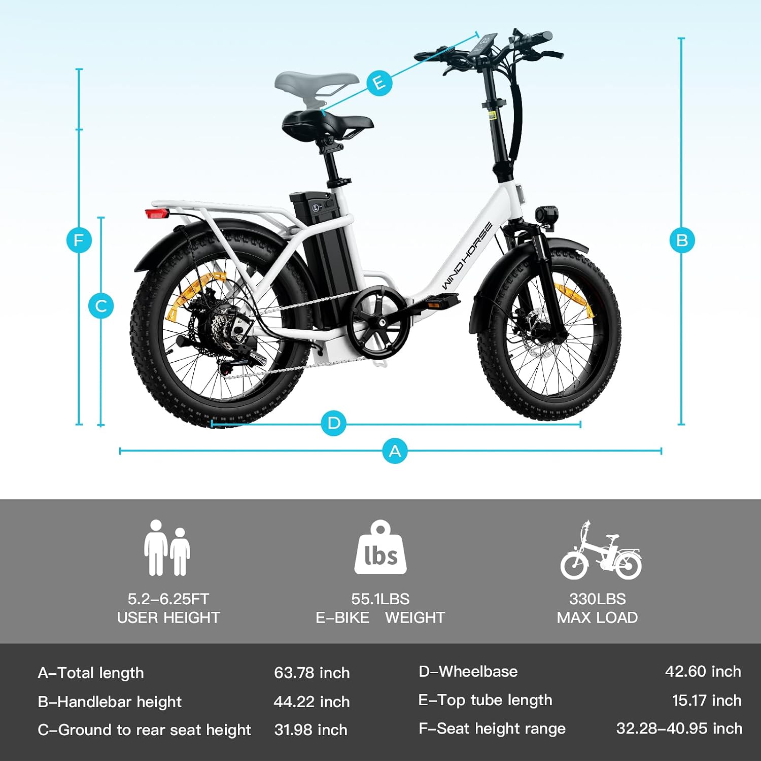 WINDHORSE 20' Folding Electric Bike, 983W Peak Motor, 20MPH, 40–70 Miles, 48V 748.8Wh Removable UL Battery, Front Suspension, Fat Tire E-Bike for Commuting, Beach, All -Terrain | Adults & Teens