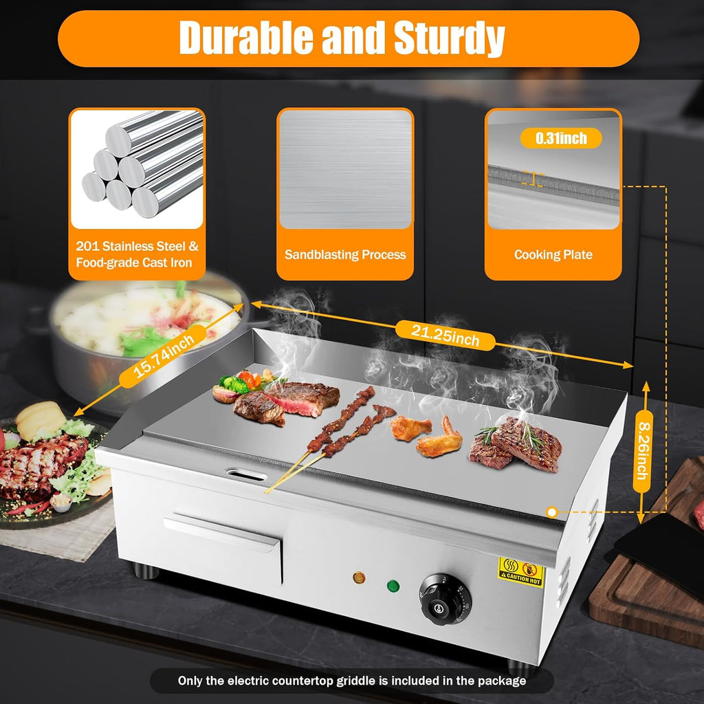 24'Commercial Electric Griddle Electric Countertop Griddle 3000W Restaurant Grill BBQ Flat Top 430 Stainless Steel Long Griddle Electric Nonstick Adjustable Thermostatic Control for Kitchen 110V
