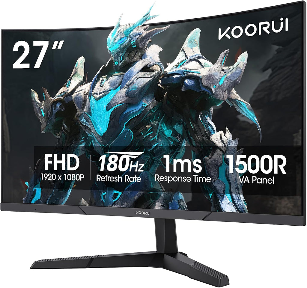 KOORUI 27 Inch Curved Gaming Monitor, Full HD 1080p 1500R 180Hz Computer Monitor, 99% sRGB, Adaptive Sync, Display Port 1.2x1 & HDMI 2.0x2, Eye Care, VESA Compatible, Black 27E6CA