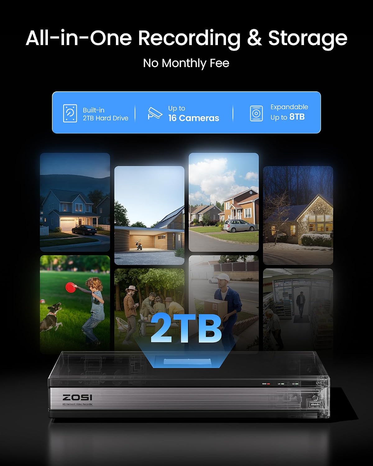 ZOSI Full 1080p 16 Channel Home Security Camera System with AI Human Vehicle Detect, 8 x 1080p Weatherproof CCTV Bullet Dome Camera Outdoor, H.265+ 16CH DVR with 2TB HDD, Night Vision, Alert Push