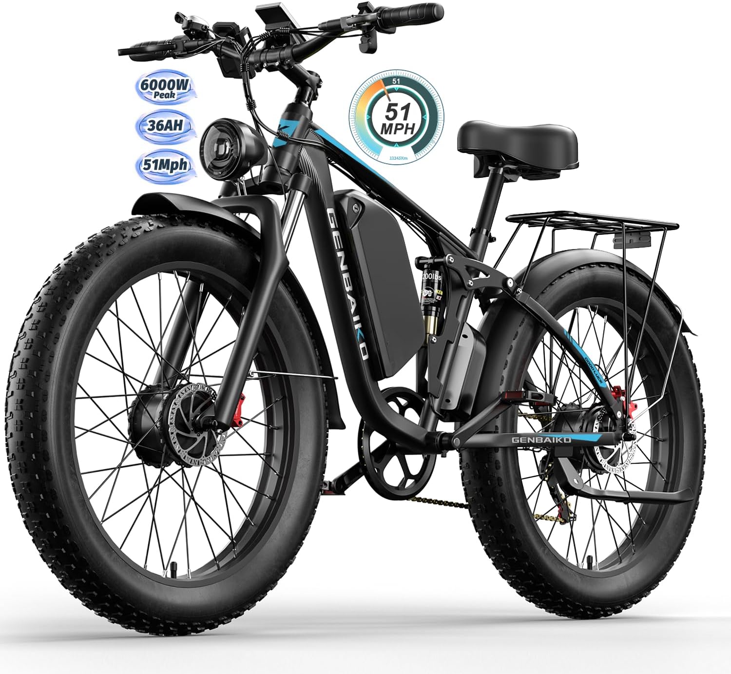 Electric Bike for Adults 51MPH 36Ah 52V Fast Ebike 6000W Peak Dual Motors 26' Full Suspension Fat Tire E Bikes for Men with Hydraulic Brake 130 Miles Electric Bicycle
