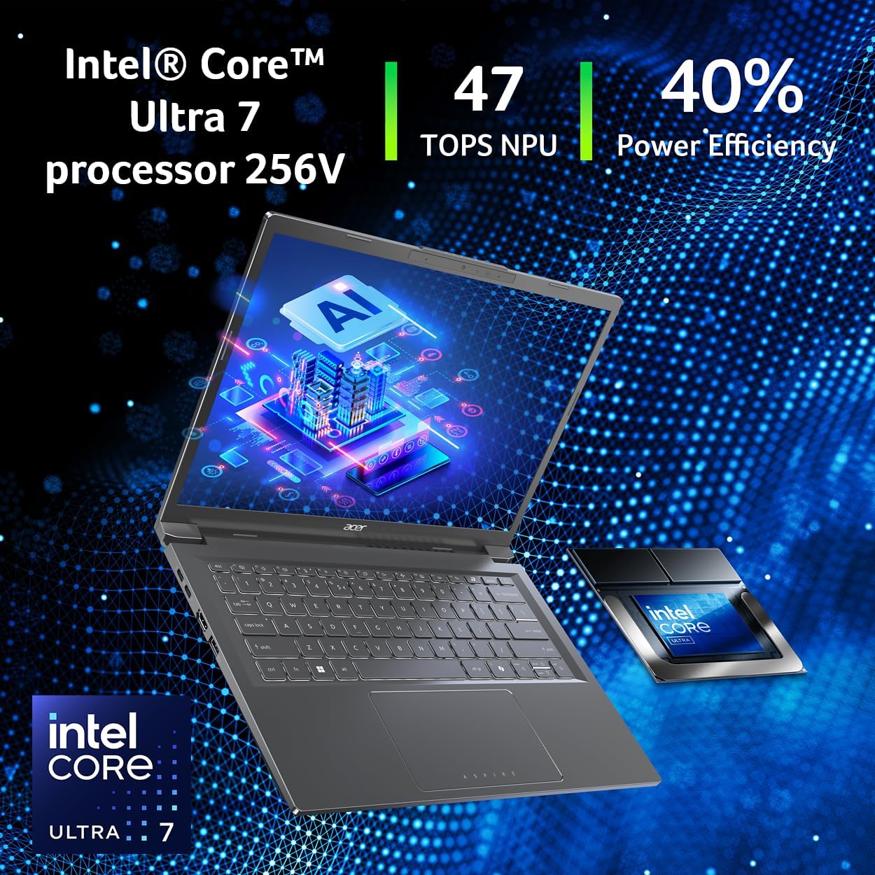 Acer Aspire 14 AI Copilot+ PC | 14' WUXGA Display | Intel Core Ultra 7 Processor 256V | NPU: Up to 47 Tops - GPU: Up to 64 Tops | Intel ARC 140V | 16GB LPDDR5X | 1TB SSD | Wi-Fi 6E | A14-52M-72S0
