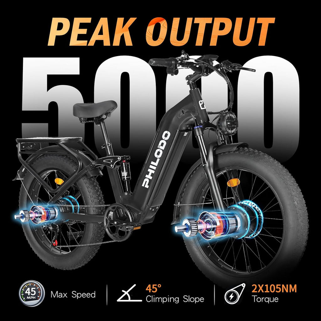 5000w Dual Motor Electric Bicycles, 60V Battery E-Bike with 45 MiIe P-Hour Electric Bike for Adults, 26 Fat Tire Hunting Ebike for All Terrain, Full Suspension Electric Ebike