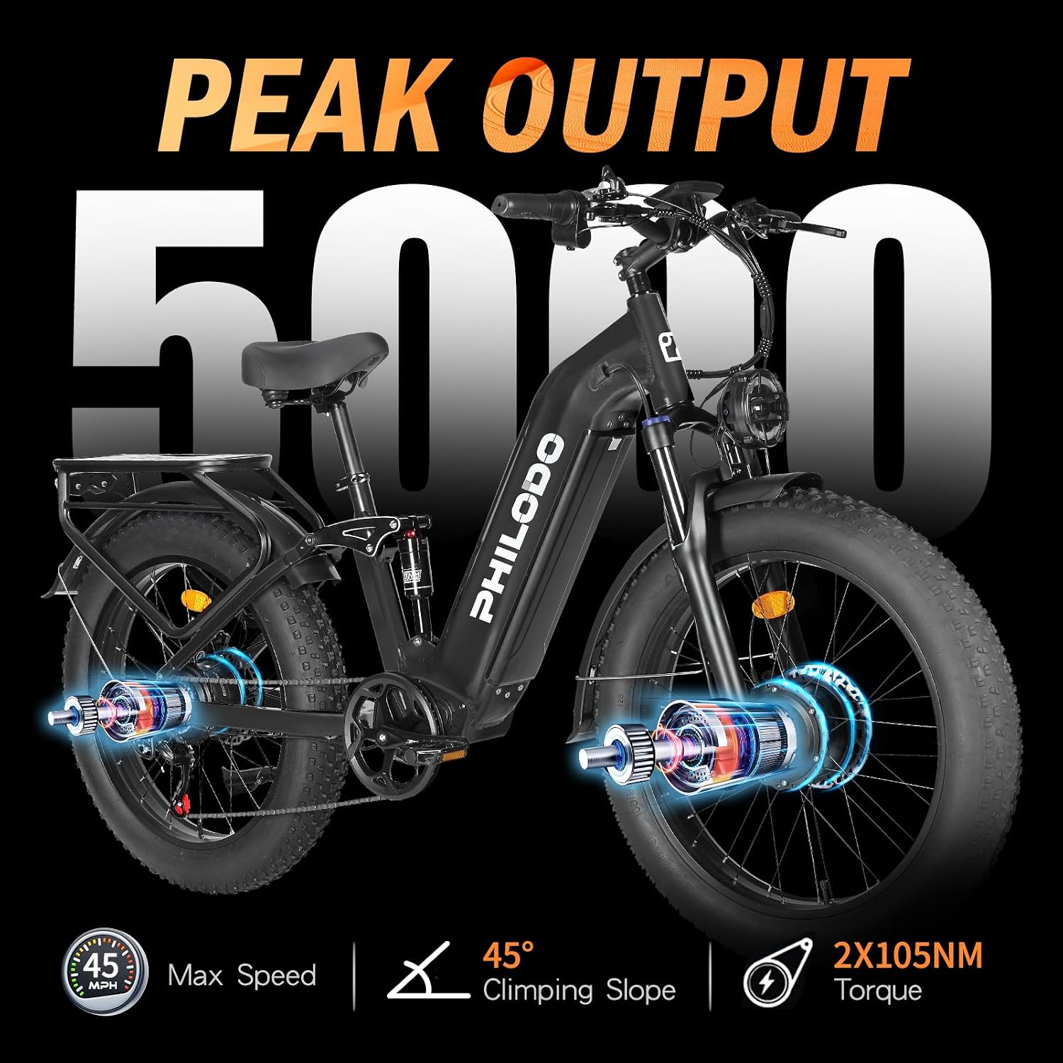 5000w Dual Motor Electric Bicycles, 60V Battery E-Bike with 45 MiIe P-Hour Electric Bike for Adults, 26 Fat Tire Hunting Ebike for All Terrain, Full Suspension Electric Ebike
