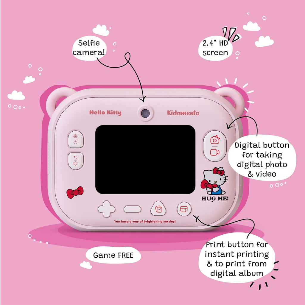 kiimento Sanrio Licensed Instant Print Digital Camera, Best Travel Buddy Hello Kitty, 2.4' HD Screen, Ink-Free B&W Printing, Selfie Lens, 1080p Video, 32GB Memory Card (Model P)