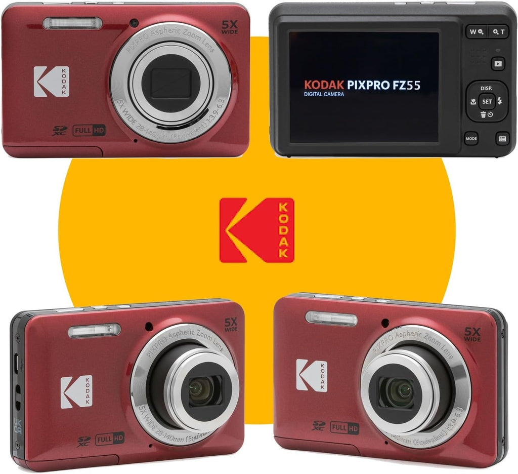 KODAK PIXPRO FZ55 16MP Digital Point & Shoot Camera, 5X Optical Zoom, 28mm Wide Angle, 1080P Full HD Video, Bundle with 32GB SD Card, Protective Case, and Hi-Speed Card Reader (Red)