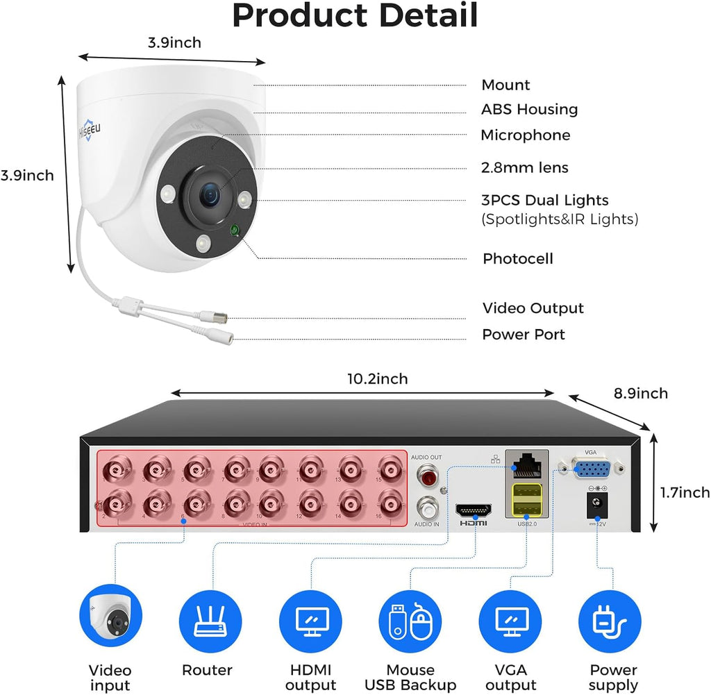 Hiseeu 16 Channel 3K Wired Security Camera System with Smart Dual Light,Audio,Person/Vehicle Detection,121°Wide View,5MP 16CH DVR,12PCS 5MP IP67 Outdoor CCTV Cameras,3TB HDD for 24/7 Surveillance