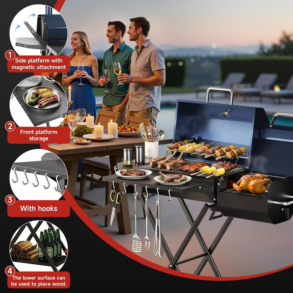 Portable Charcoal Grill with Smoking Function, Foldable Suitcase Design with Wheels, Multi-Tier Storage Rack & Waterproof Cover for Outdoor BBQ Parties (Blue)