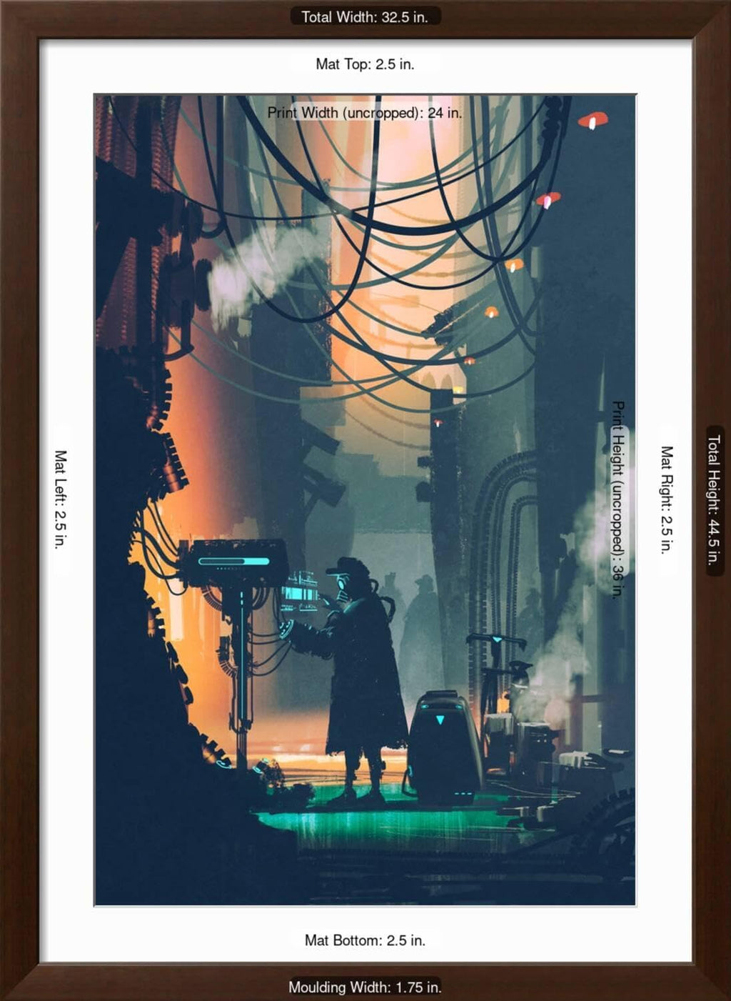 ART.COM Wall Art Print Sci-Fi Scene of Robot Using Futuristic Computer in City Street,Illustration Painting on Brown Frame by Tithi Luadthong, 32' x 44'
