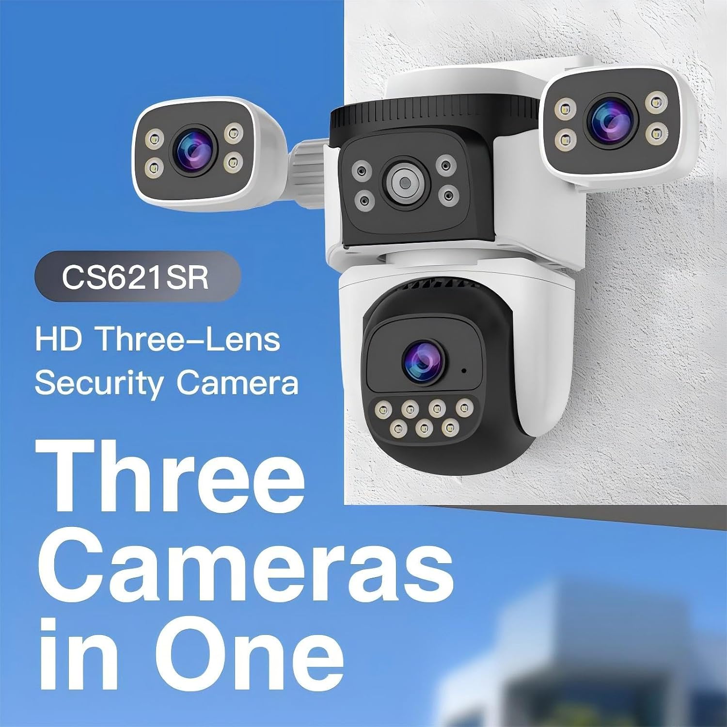 EVERSECU Triple Lens WiFi PTZ Security Camera, Three Cameras in One, Side Cameras with Adjustable All-Angle Arm, 2K 360° View No Blind Spot, Auto Tracking, Spotlight, 2 Way Audio（2pack