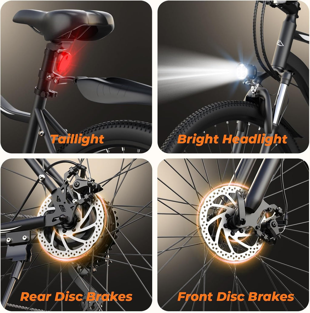 Electric Bike, 1000W Peak Powerful Motor, 65+ Miles Range & 20MPH Top Speed, 26'' Tires E-Bike, Adjustable Seat, Shock Absorber, Commuting Electric Bike for Adults