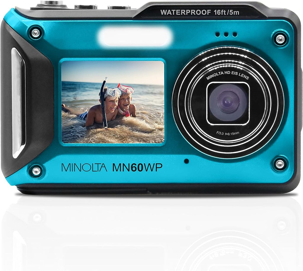 Minolta Waterproof Digital Camera - 48MP Photos, 4K UHD Video, Dual LCD Screens, 16ft Waterproof, 16X Zoom, Anti-Shake, Slow Motion, Compact Point-and-Shoot for Travel & Underwater (Blue)