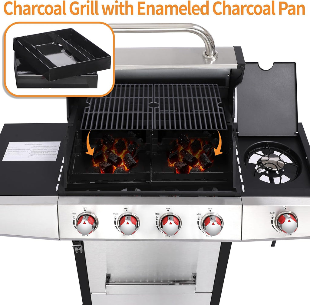 Cookit 4-Burner Gas Grill with Side Burner, 49,000 BTU Output - Double-layer Stainless Steel Grill Lid, Cast Iron Grates, Griddle & Charcoal Pan, Easy-Clean Grease Management for Perfect BBQs