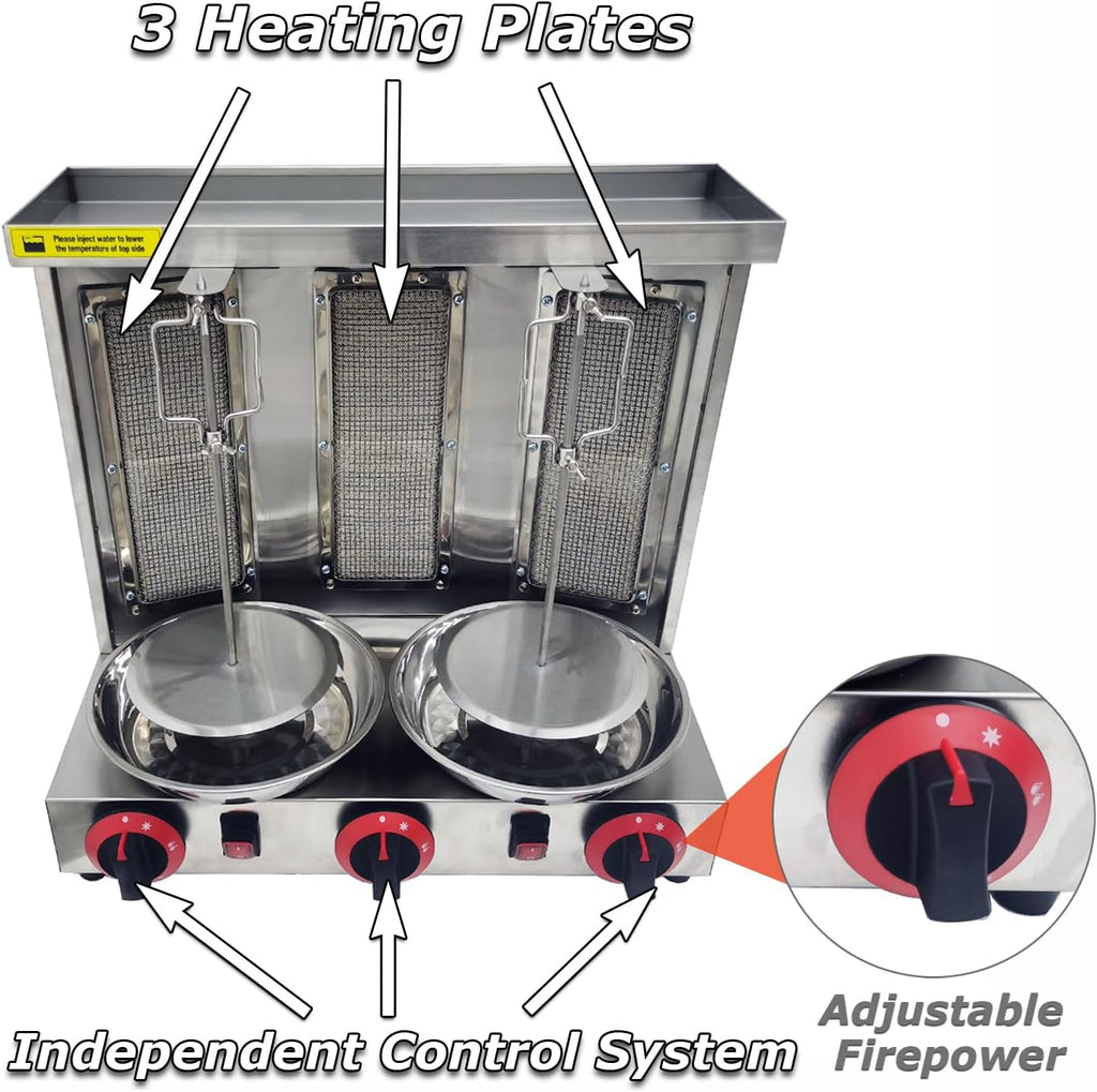 INTSUPERMAI Shawarma Grill Machine LP Gas Doner Kebab Machine Vertical Broiler Gyro Machine Meat Roasting Machine with 3 Burners Countertop Rotating Doner Kebab Oven for Home Commicial Restaurant Use