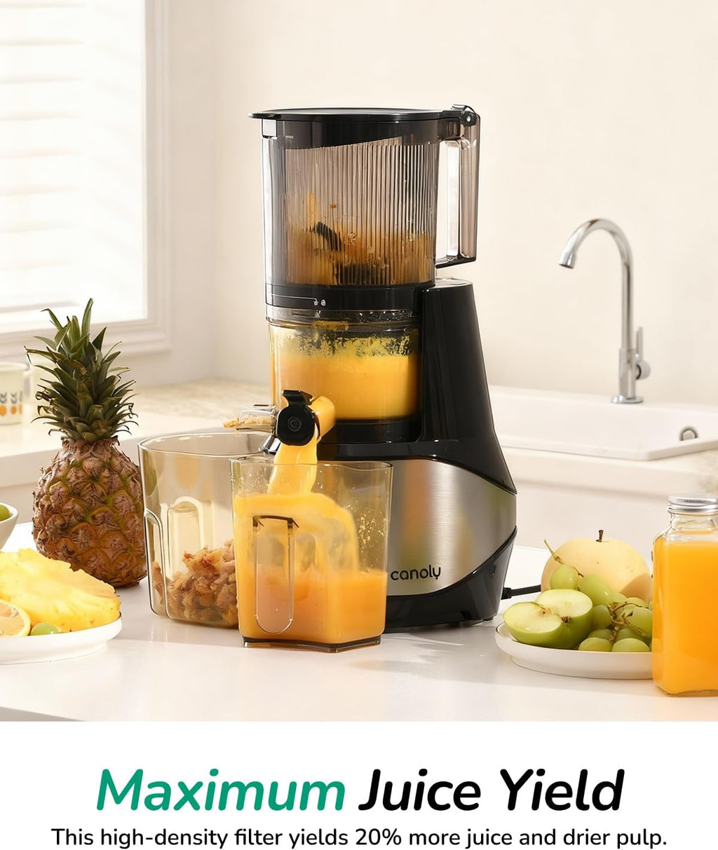 Canoly C09 Cold Press Juicer, 6' Extra Wide Feed Chute, 3-IN-1 Strainers (Juice & Sorbet & Nut Milk), Powerful AC Brushless Motor, Self Precut System, Juicer Machines with BPA-Free (Classic)