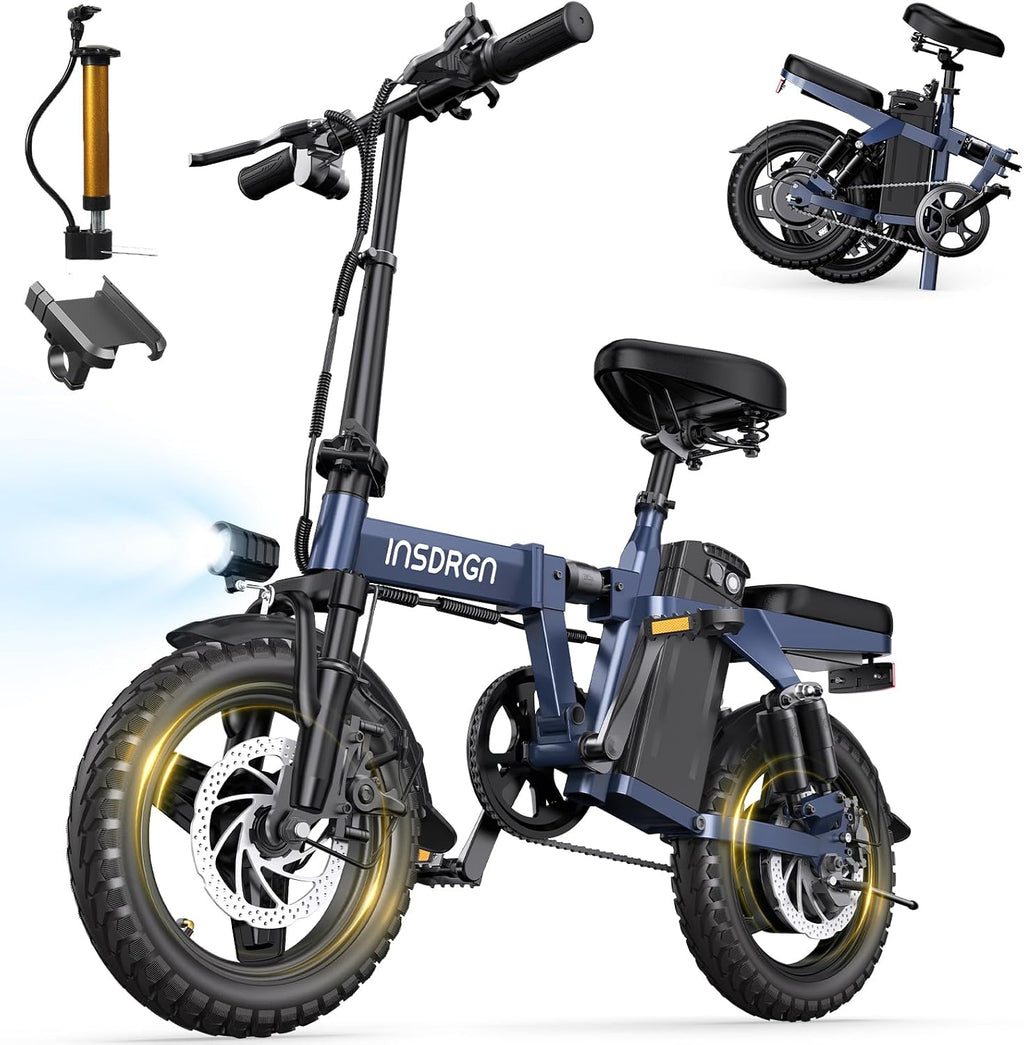INSDRGN Folding Electric Bike for Adults Teens, Peak 1500W, 62 Miles PAS Range, 48V 16AH Removable Li Battery Ebike, 9 Shocks Full Suspension, 20 MPH Electric Bicycle, UL2849 Certified