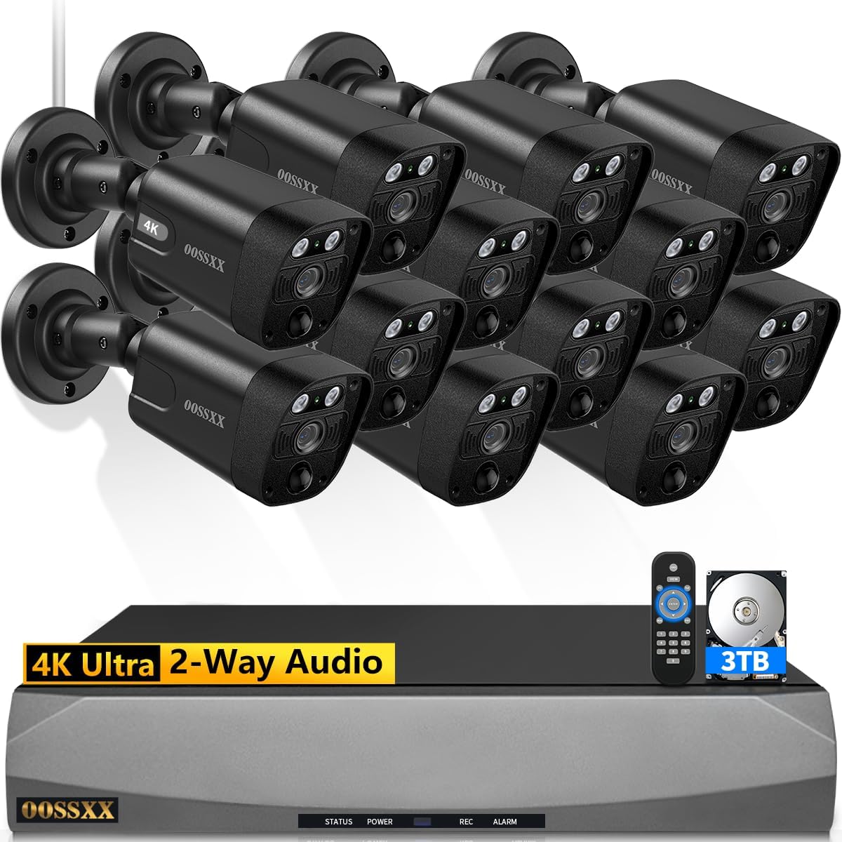 (2026 Update) 4K PoE Security Camera System w/PIR & AI Human Detection, 12CH NVR w/ 3TB HDD, 4 Cameras, 130° Ultra Wide Angle, 45-Day Recording, 2-Way Audio, Remote Control, No Monthly Fee