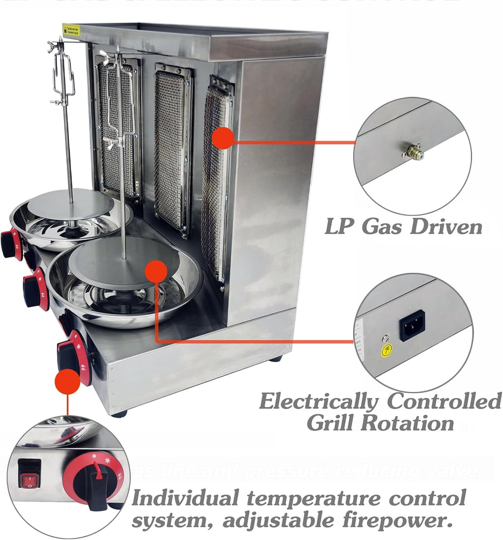 INTSUPERMAI Shawarma Grill Machine LP Gas Doner Kebab Machine Vertical Broiler Gyro Machine Meat Roasting Machine with 3 Burners Countertop Rotating Doner Kebab Oven for Home Commicial Restaurant Use