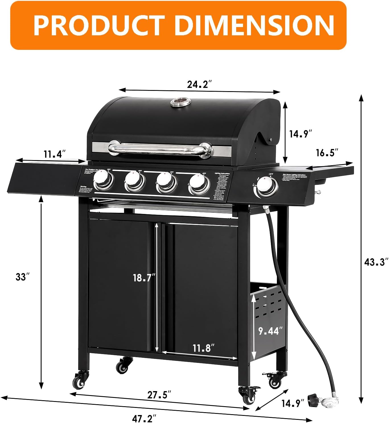4-Burner Propane Gas BBQ Grill High-Strength Cast Iron with Side Burner, Portable 50,000 BTU Barbecue Grills with 4 Wheels and 449 SQ.IN. Cook Area for Outdoor Cooking and Backyard BBQ (Black)