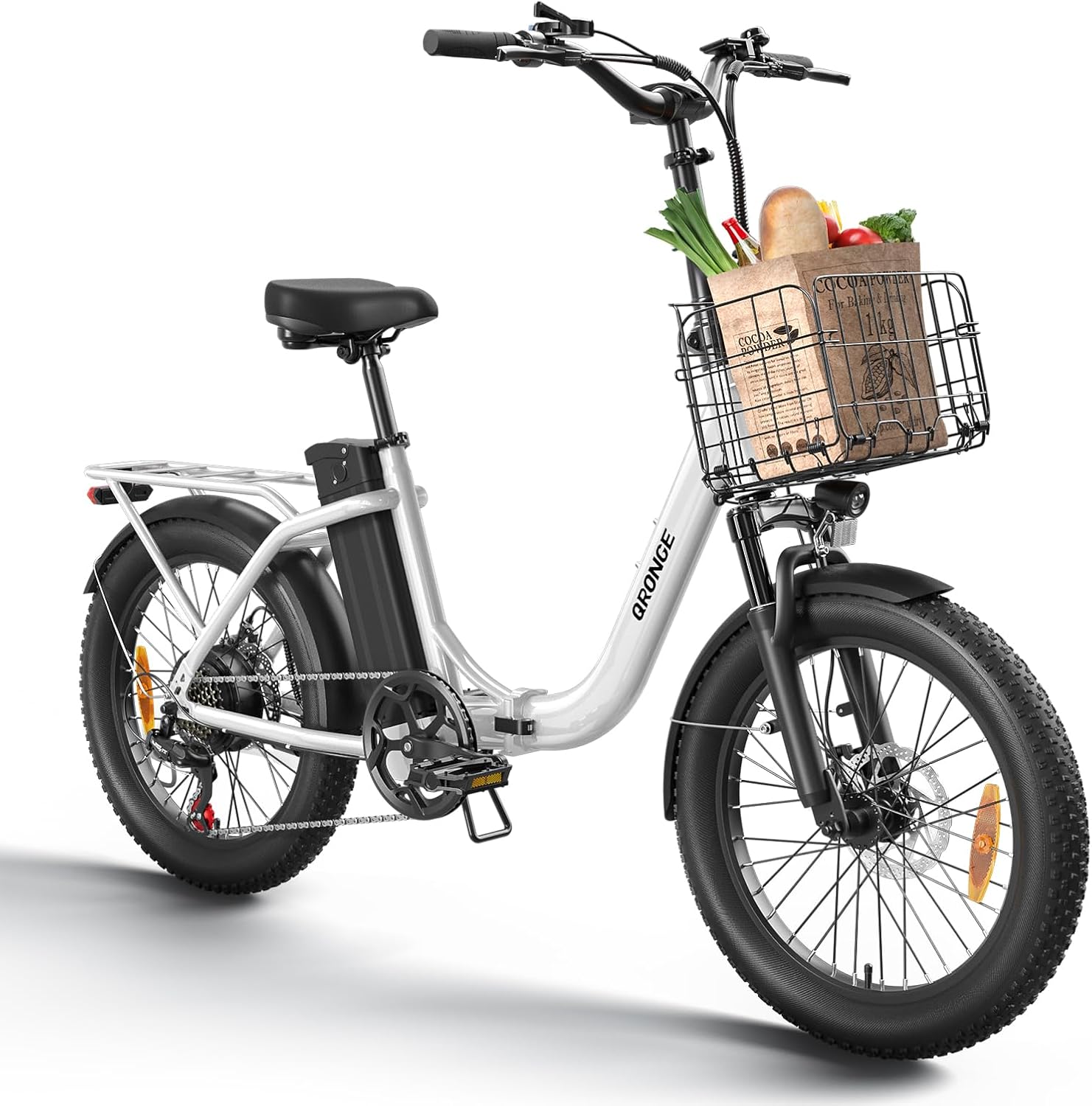 QRONGE Electric Bike, 1000W Peak Folding Electric Bike, 486Wh 70 Miles Range Ebike, 20' Step-Thru Bicycle with Front Basket, Waterproof Removable Battery, 7 Speed, 25 MPH Max