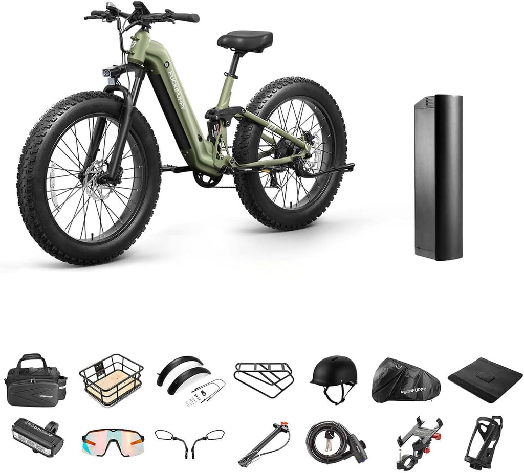 PUCKIPUPPY Electric Bike for Adults 960W, 48V 20AH Battery Adult Electric Bicycles, 26' Fat Tire Full Suspension Step-Thru Ebike, 28MPH Mountain Ebike, 7 Speed, 80Miles Range