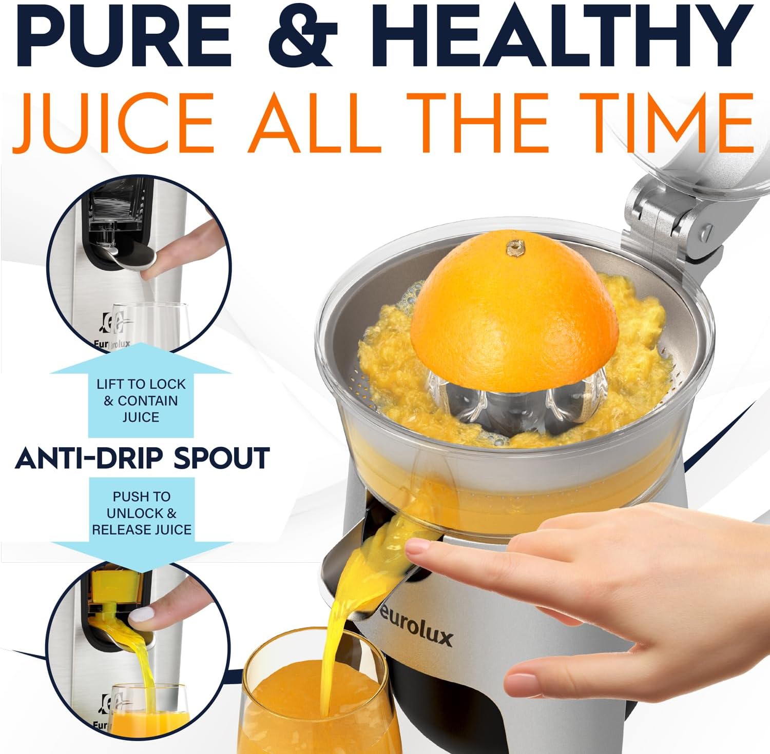 Eurolux Die Cast Stainless Steel Electric Citrus Juicer Squeezer, for Orange, Lemon, Grapefruit | 300 Watts of Power, With 2 Stainless Steel Filter Sizes for Pulp Control