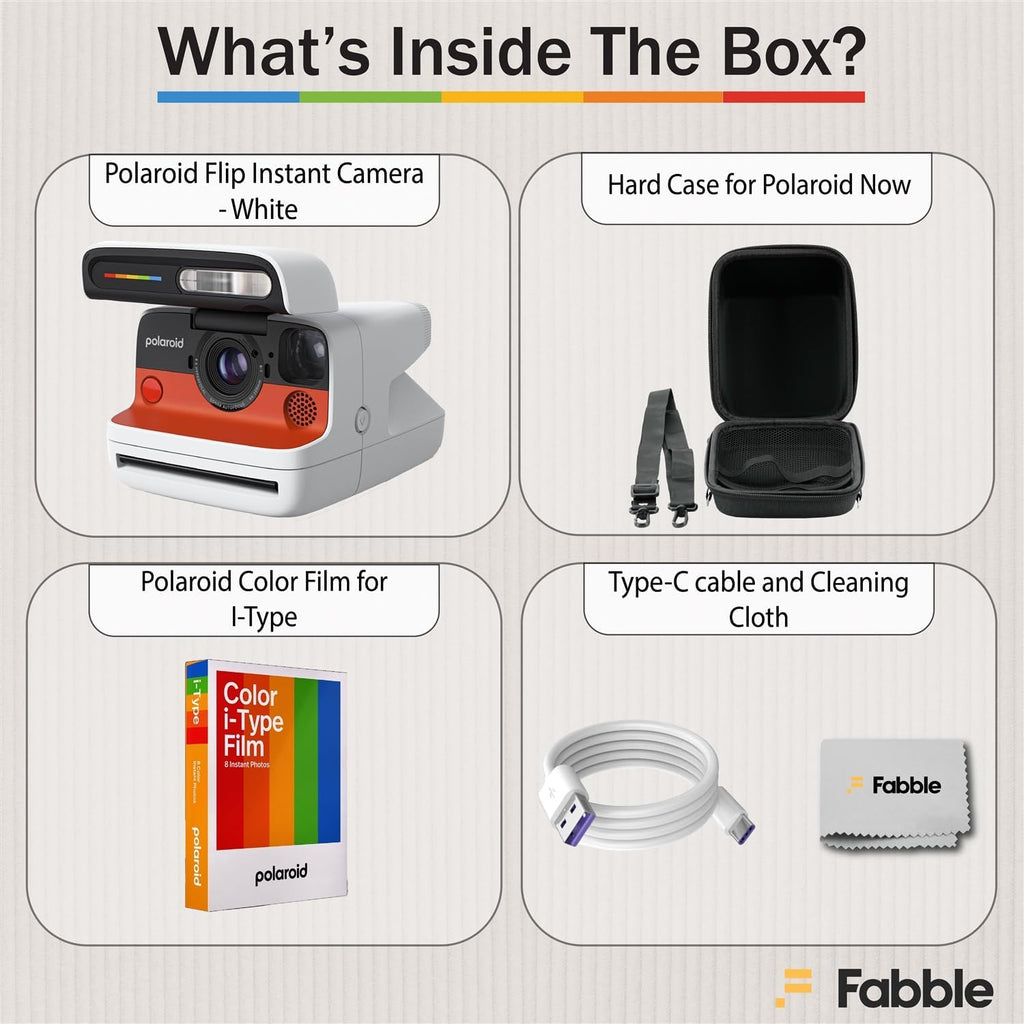 Polaroid Flip Instant Camera White Bundle with Color i-Type Film (8 Photos), Hard Protective Case, 6ft USB Type-C Cable, and Grey Microfiber Cleaning Cloth