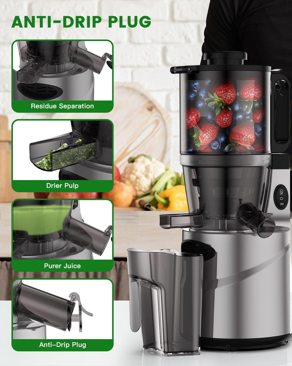 Cold Press Juicer - Slow Juicer Machines with 5.5' Feeding Chute, Masticating Juicer Fit Whole Fruits and Vegetables, Auto-cutting Auger, Easy to Clean (silver)