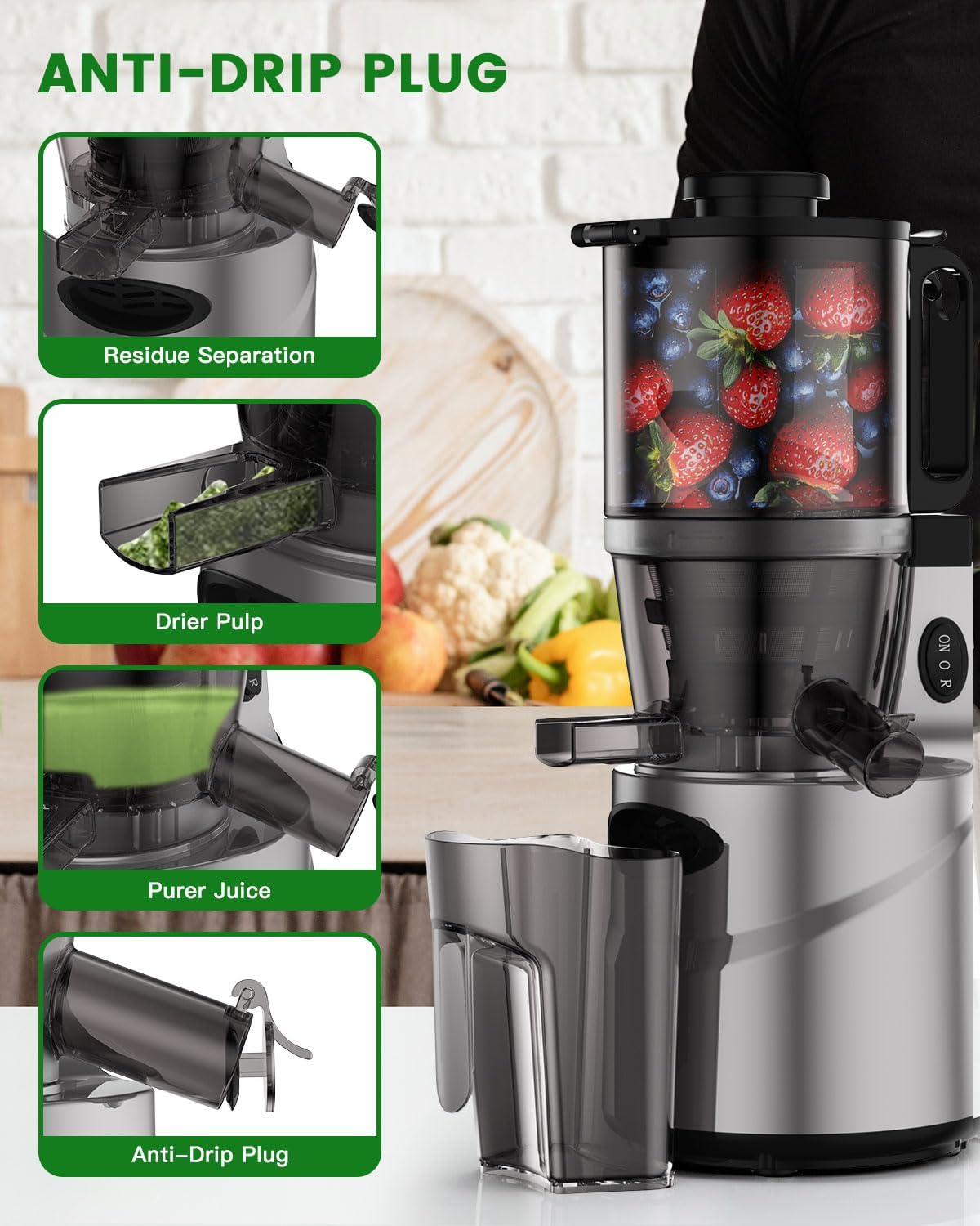 Cold Press Juicer - Slow Juicer Machines with 5.5' Feeding Chute, Masticating Juicer Fit Whole Fruits and Vegetables, Auto-cutting Auger, Easy to Clean (silver)