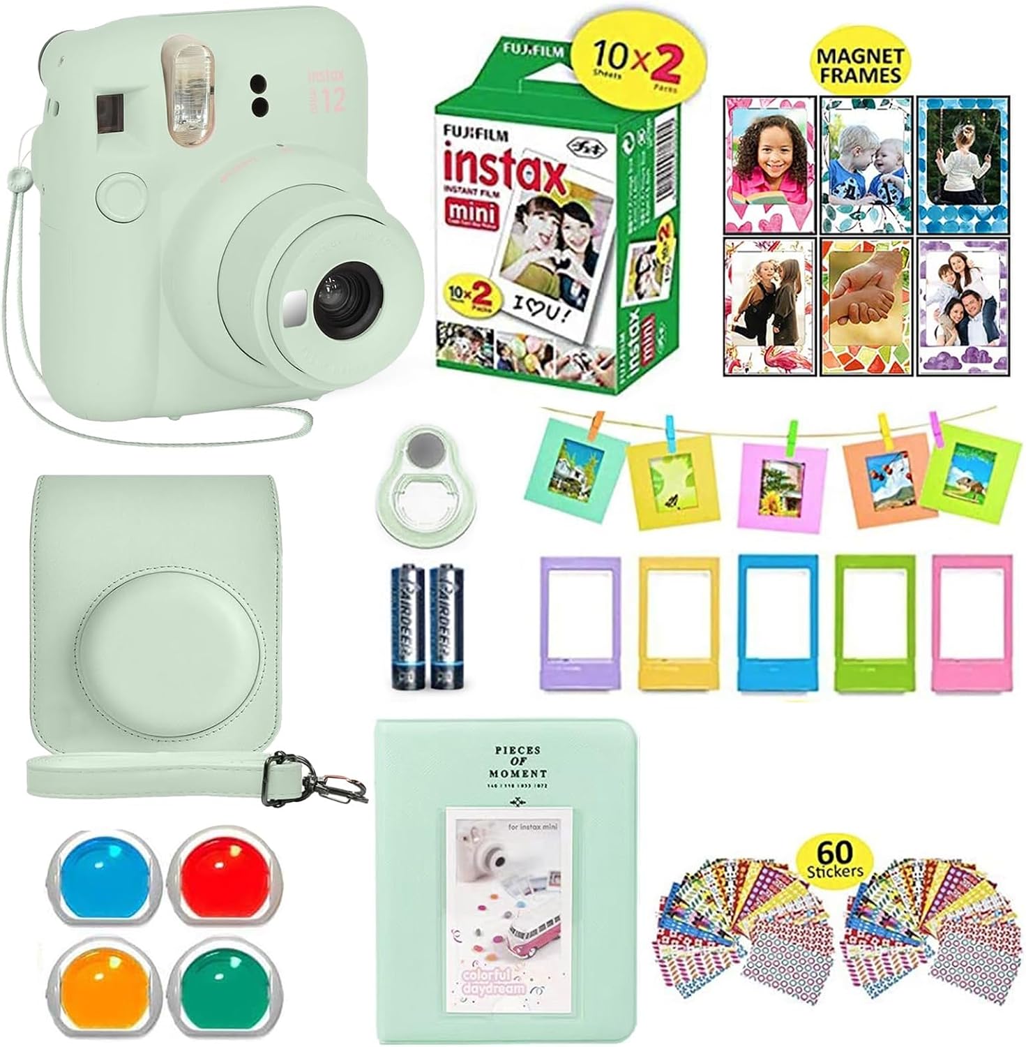 Fujifilm Instax Mini 12 Instant Camera Mint Green + Shutter Compatible Carrying Case + Fuji Film Value Pack (20 Sheets) + Shutter Accessories Bundle, Color Filters, Photo Album, Assorted Frames