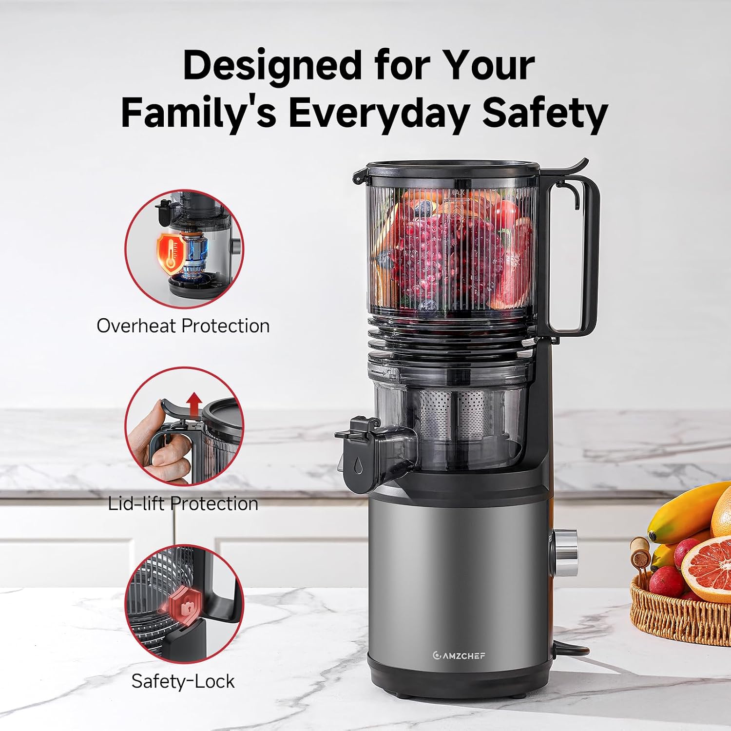 Cold Press Juicer Machine with 6' Extra-Wide Feed Chute,Triple Stainless Steel Filter,Quiet DC Motor,Easy to Clean,Slow Masticating Juicer High Juice Yield,Grey