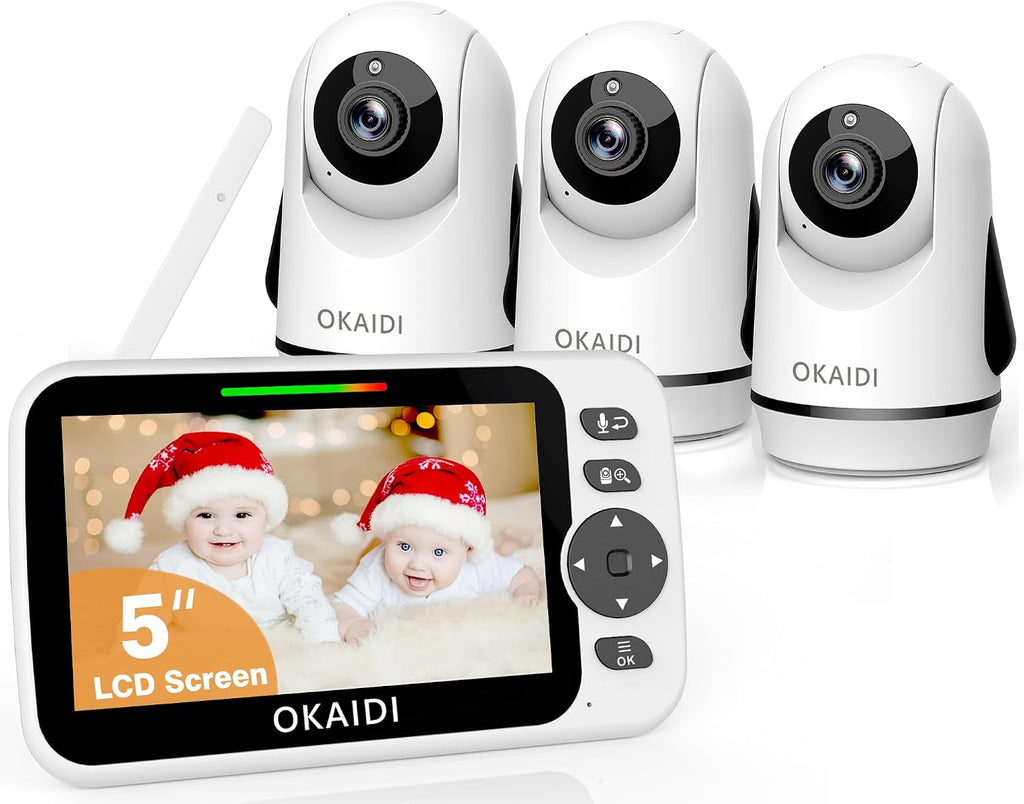 OKAIDI Video Baby Monitor with 3 Cameras, 5' Display Baby Monitor No WiFi, 30H Battery and 1000ft Range, 2-Way Talk, 8 Lullabies, Remote Pan-Tilt-Zoom Baby Camera for Baby/Pet/Elderly