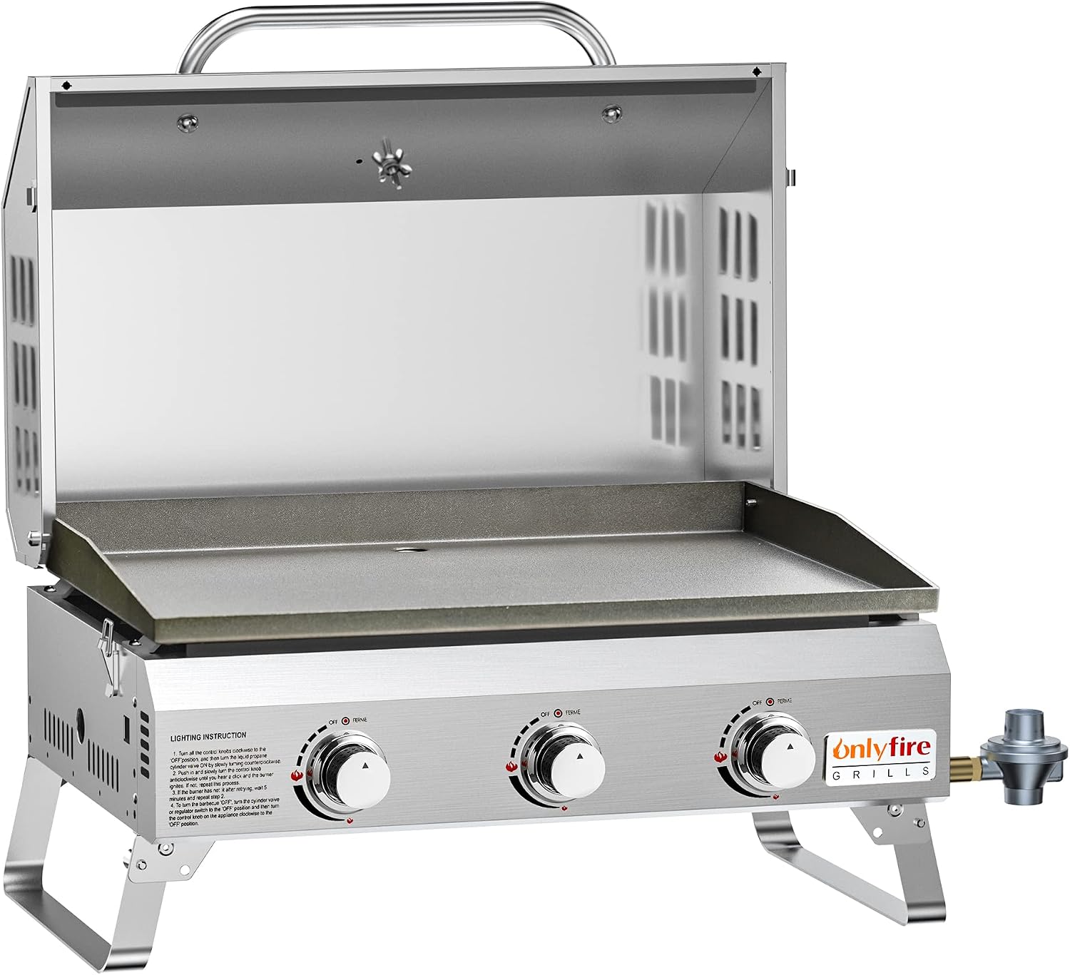 ONLYFIRE GRILLS Tabletop Gas Griddle with Foldable Legs, Portable 3-Burner Propane Gas Grill Griddle Flat Top for Outdoor Cooking Patio Barbecue Camping Tailgating RV BBQ, Stainless Steel, #GS309