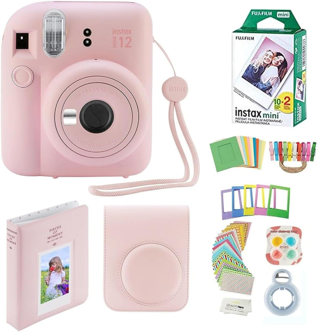Fujifilm Instax Mini 12 Instant Camera with Case, 20 Fujifilm Prints, Decoration Stickers, Frames, Photo Album and More Accessories (Blossom Pink)