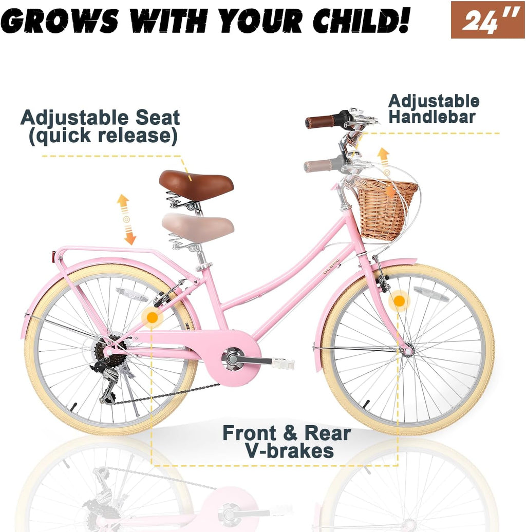 Glerc 20 24 26 Inch Beach Cruiser Bike, 6-Speed Hybrid City Bicycle for Girls Youth and Over 6 Years Old, Missy Bike with Wicker Basket & Lightweight, Multiple Colors