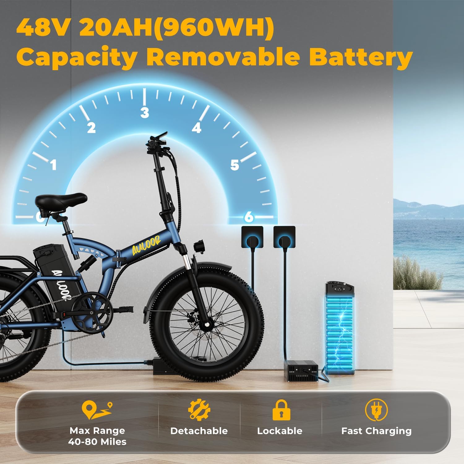 Foldable Electric Bike for Adults, 48V 20Ah Removable Lithium Battery up to 80Miles, 20' Fat Tire 1000W Peak Motor Dirt Ebike Adult Electric Bicycle for Commute Beach Mountain E Bike