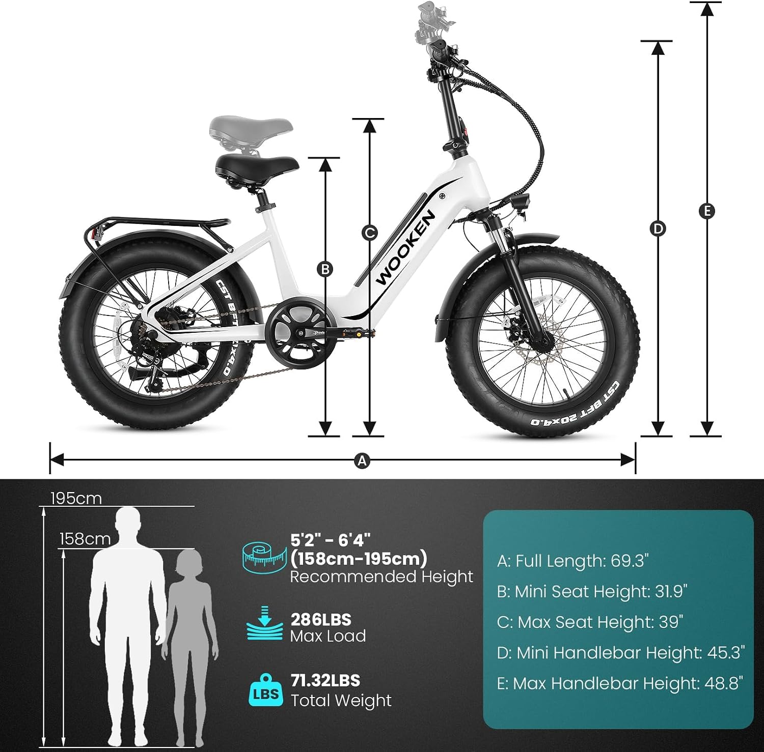 Wooken Electric Bike for Adults, 500W Motor Ebike,20'x4.0' Fat Tire Electric Bike,48V 624WH Removable Lithium-ion Battery,Up to 60 Miles,Step-Thru Electric Mountain Bike,SGS Certified to UL 2849