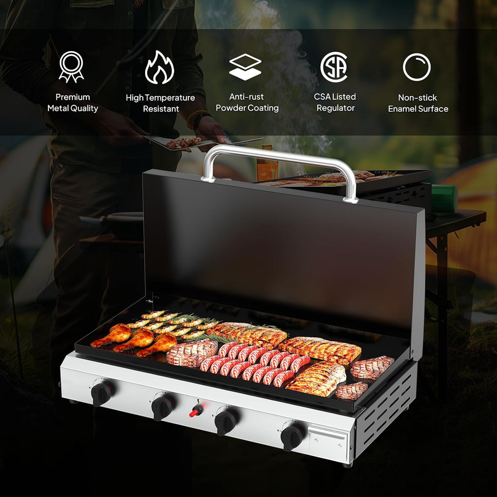Bonnlo 4 Burner Portable Propane Griddle with Lid, 40000BTU Tabletop Flat Gas Grill with Ignition and Oil Collector, Camping Griddle for Outdoor Cooking Patio Backyard Sandbeach BBQ Party