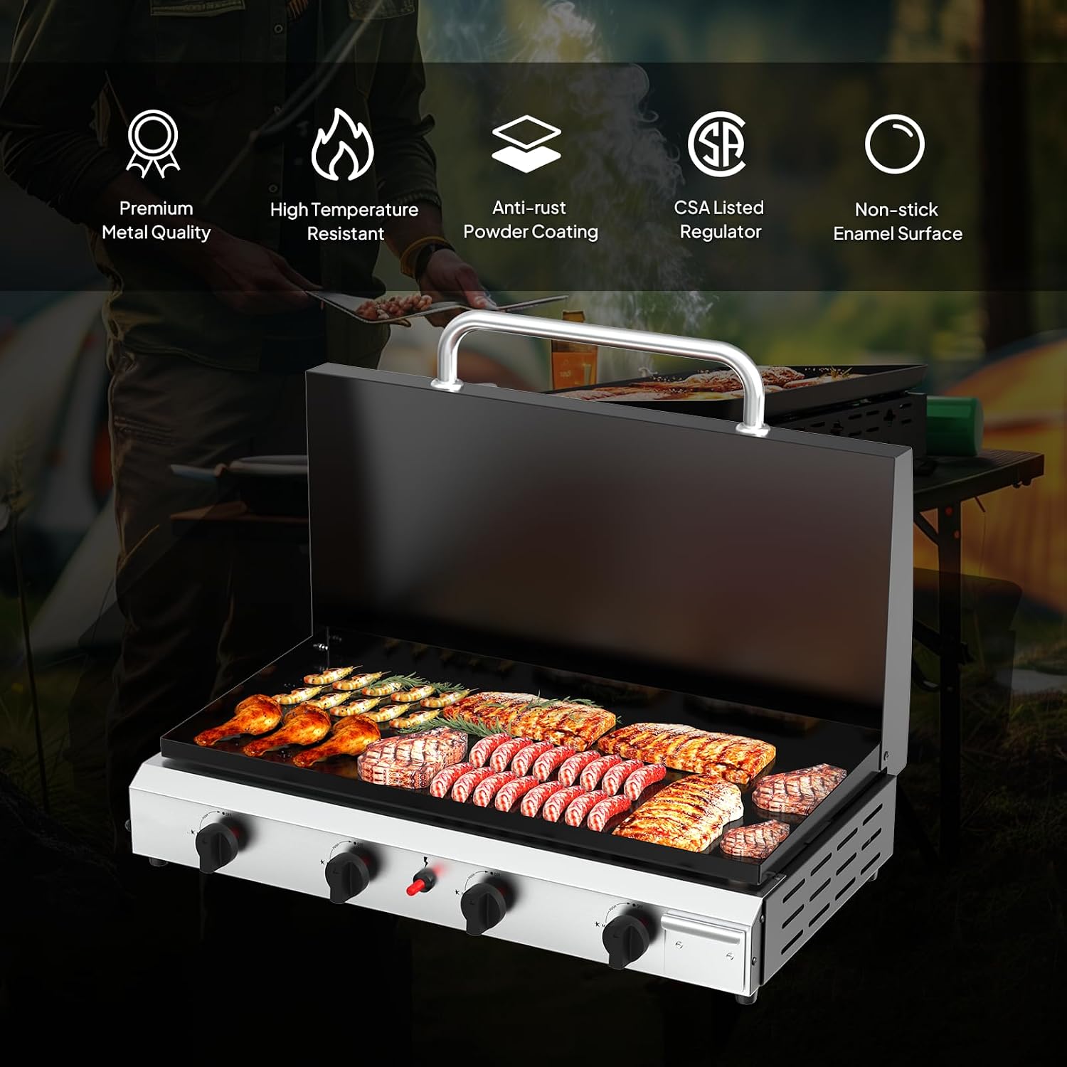 Bonnlo 4 Burner Portable Propane Griddle with Lid, 40000BTU Tabletop Flat Gas Grill with Ignition and Oil Collector, Camping Griddle for Outdoor Cooking Patio Backyard Sandbeach BBQ Party
