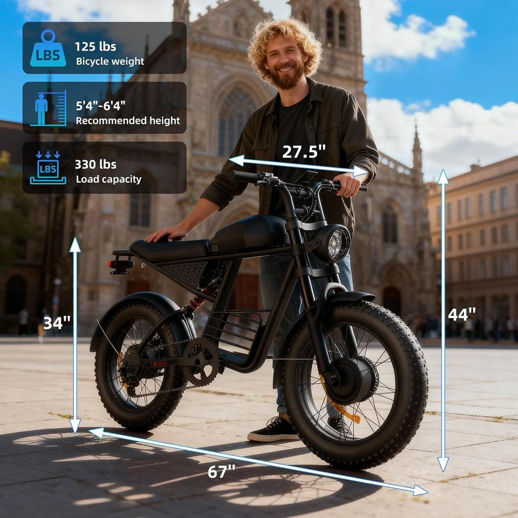 20' Electric Bike for Adults with 1000W/1600W/3000W Peak Dual Motor,Max Speed 33-37MPH,Up to 60Miles,Moped ebikes with 20/35Ah Battery,Shipped from USA Warehouse