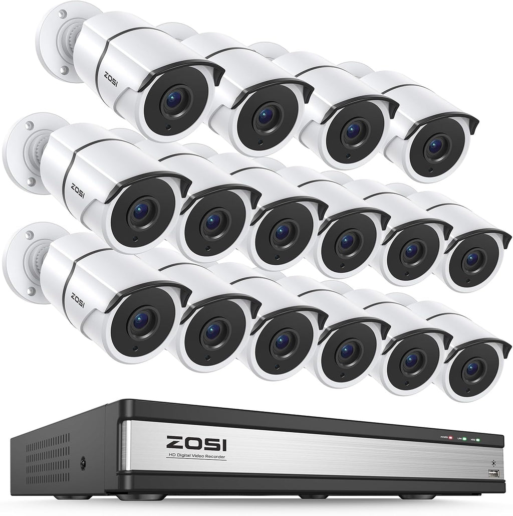 ZOSI 16 Channel Wired Security Camera System,16 x 1080P Metal Outdoor Surveillance Cameras with Audio,AI Human/Vehicle Detection,Weatherproof,Night Vision,16CH DVR for Home Business(No Hard Drive)