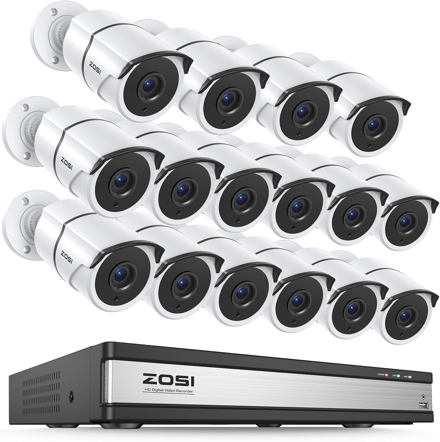 ZOSI 16 Channel Wired Security Camera System,16 x 1080P Metal Outdoor Surveillance Cameras with Audio,AI Human/Vehicle Detection,Weatherproof,Night Vision,16CH DVR for Home Business(No Hard Drive)