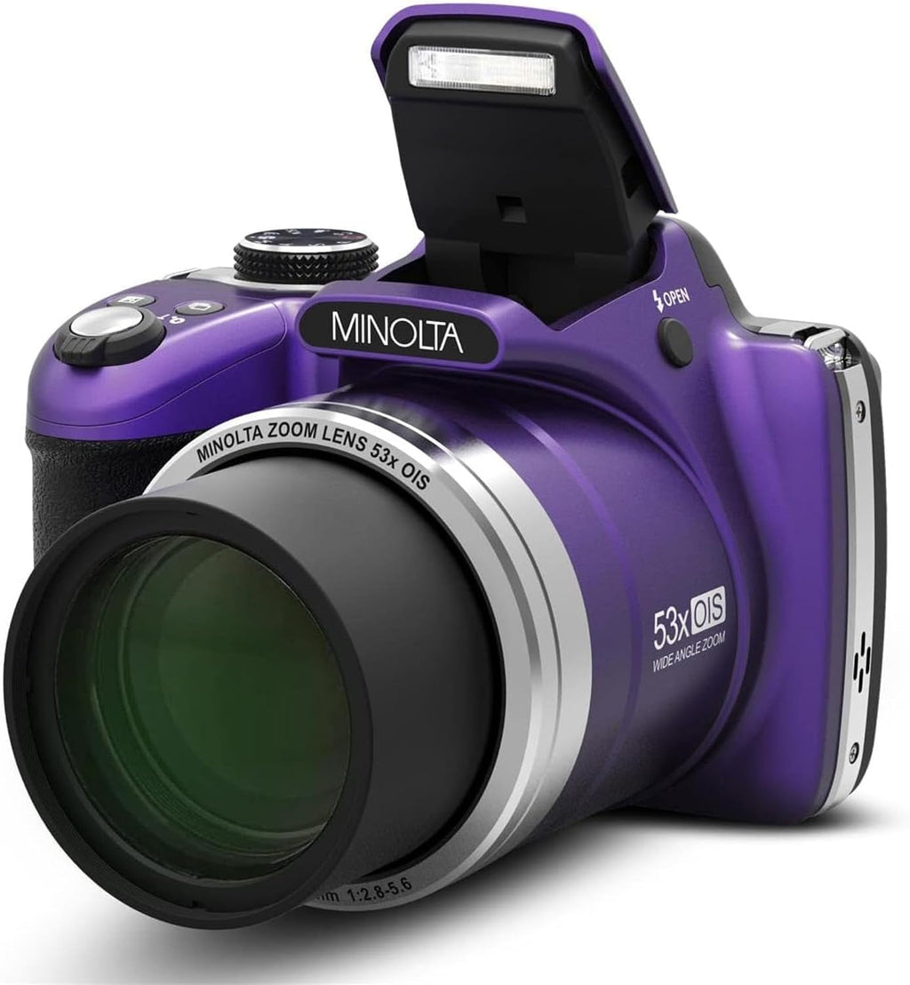 Minolta Pro Shot 16MP HD Digital Camera – 53x Optical Zoom, 1080p Full HD Video, Optical Stabilization, 3-inch LCD, Panorama, HDR, Face Detection, Smart Modes, 16GB Card (Purple)