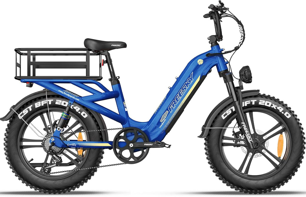 FREESKY 2026 Upgraded Rocky Pro Torque Sensor Electric Bike for Adults, 48V 25Ah Samsung Cells Battery, 105 Miles Range, 33MPH Fat Tire Step-Thru E Bike, 20' Full Suspension Cargo Bicycles, 8-Speeds