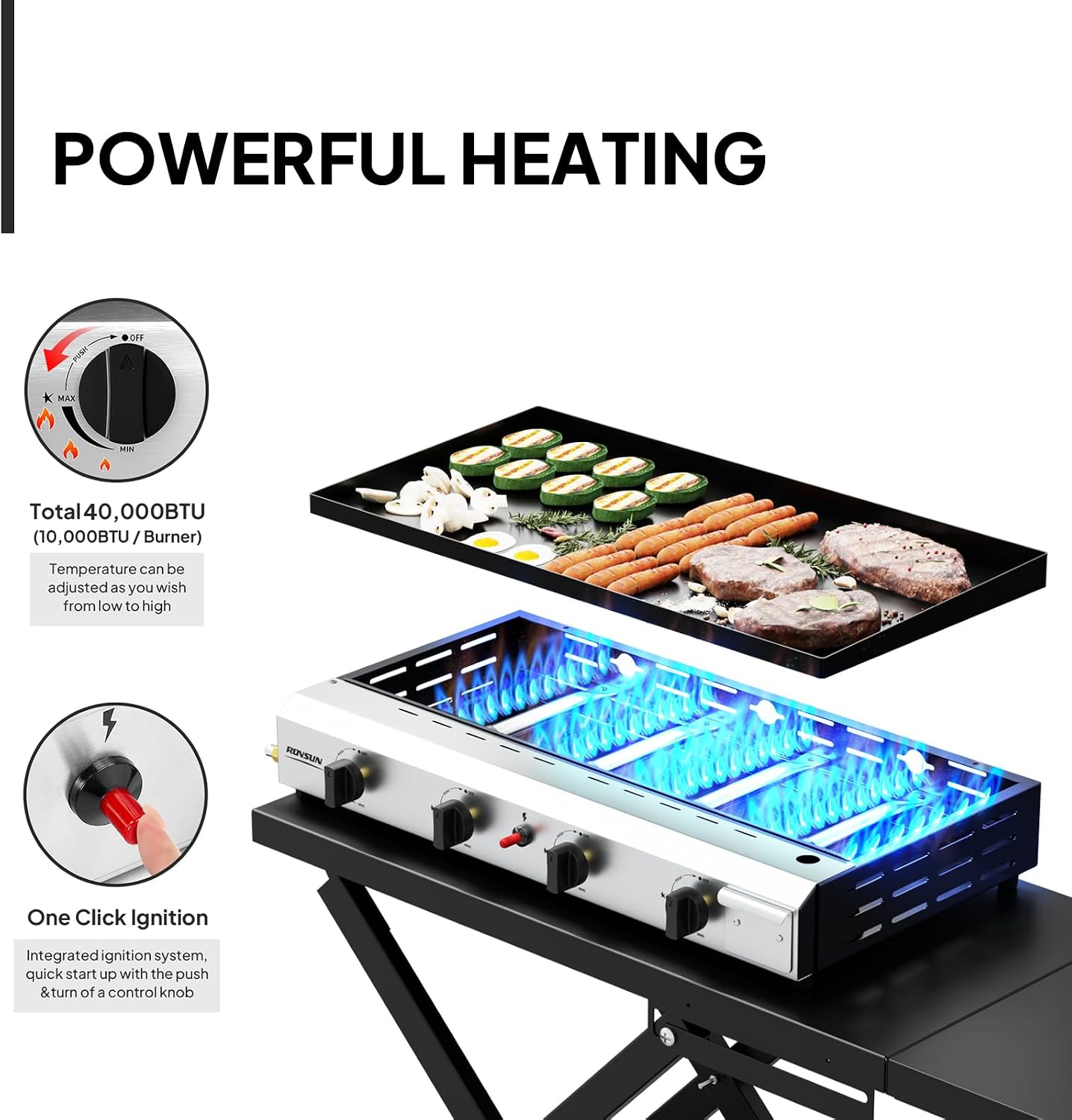 ROVSUN 4 Burner Foldable Propane Griddle with Wheels & Enameled Tray, 40000 BTU Portable Flat Top Gas Grill with Electronic Ignition & Regulator for Outdoor Cooking Camping BBQ Tailgating Picnicking