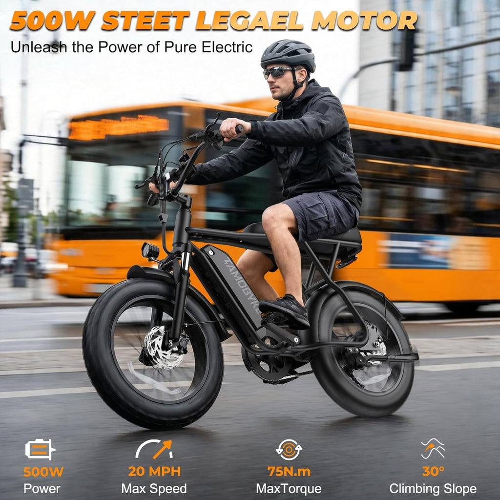 Tamobyke T63 Entry-Level Lightweight Electric Bike for Teens & Women, 500W Motor, 20 MPH, Removable Battery, 20'x4' Fat Tire Ebike, All-Weather Commuter E-Bike for Daily Riding & Rainy (Classic BK)