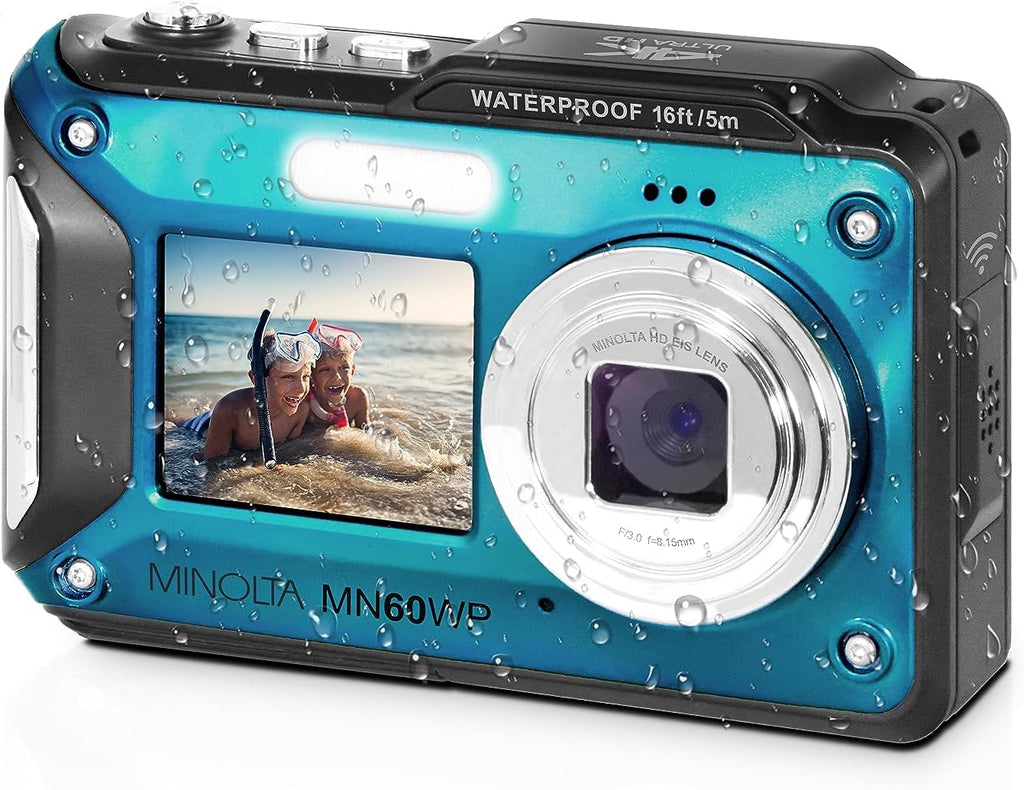 Minolta Waterproof Digital Camera - 48MP Photos, 4K UHD Video, Dual LCD Screens, 16ft Waterproof, 16X Zoom, Anti-Shake, Slow Motion, Compact Point-and-Shoot for Travel & Underwater (Blue)