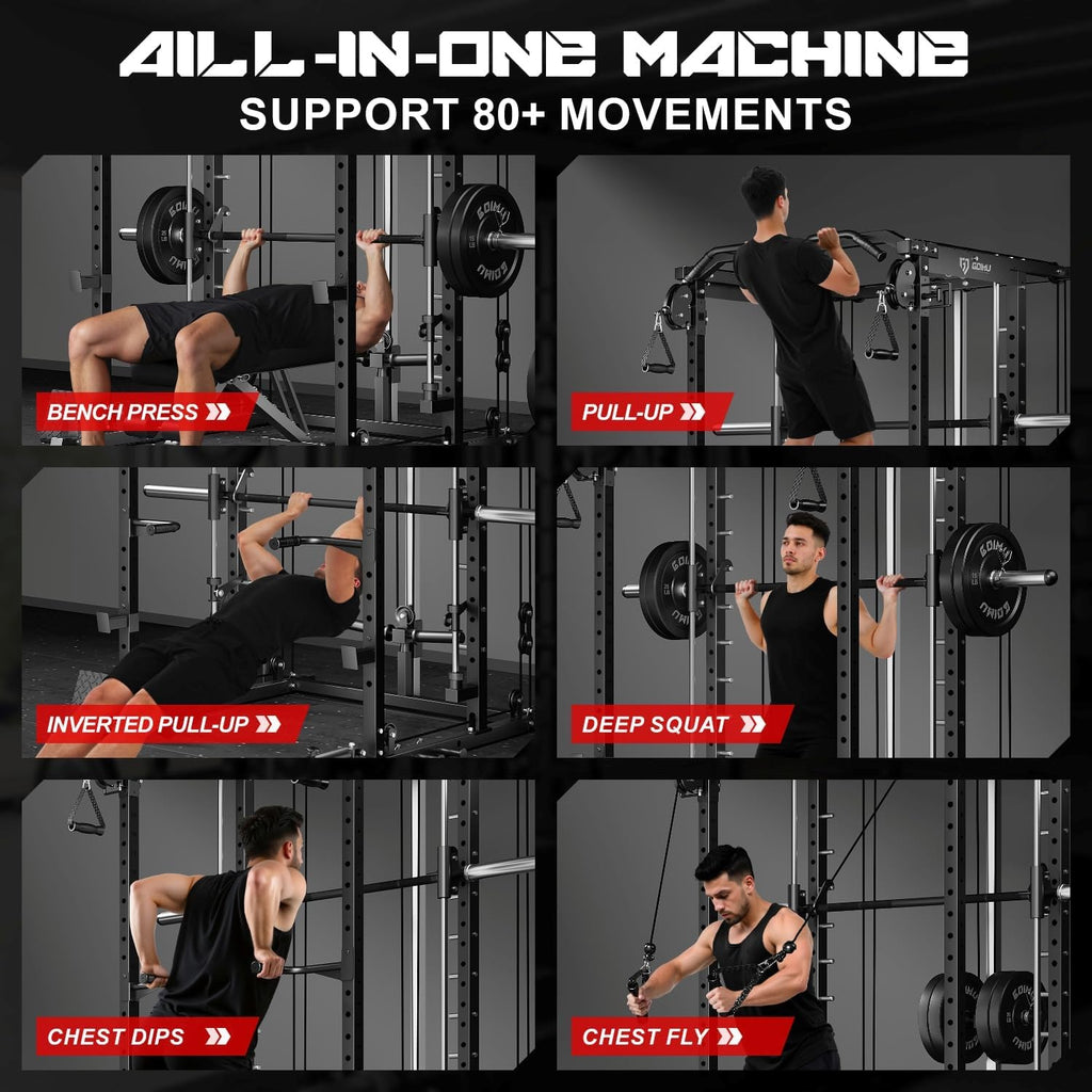 S1-V4 Smith Machine, 2000LBS Power Cage with Cable Crossover System, All-in-One Squat Rack with Smith Bar, Strength Training Equipment for Hone Gym